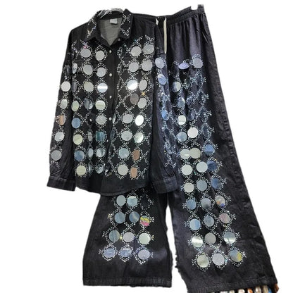 🍒Denim shirt big sequin Jacket plaid tops occasion partywear and matching high waist wide legs denim pants two piece sets women Dynamic Denim