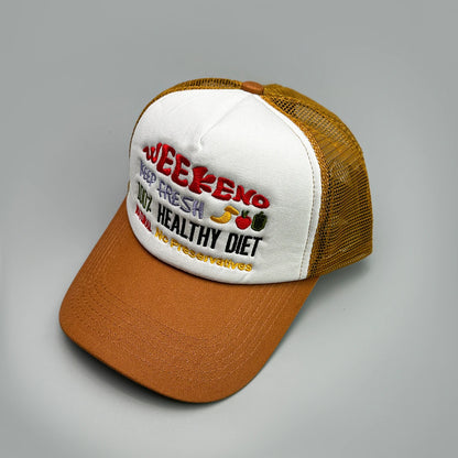 🍒Embroidered baseball caps fresh fruit and wording motif baseball hats unisex fashion colour block trucker caps sunshade casual breathable versatile accessories