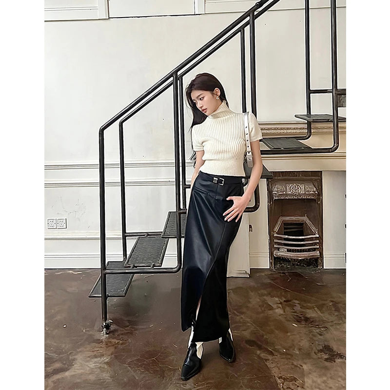 🍒Vintage faux leather skirt for women high waisted black maxi skirt with slits Y2K fashion split slim a-line  Dont Slip Up On Style Get This Split Slim Slick