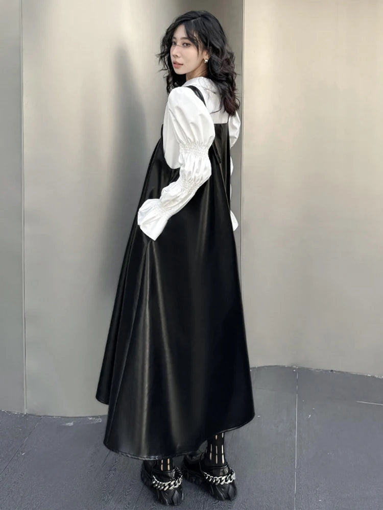 🍒Black faux leather dress big swing size midi spaghetti strap square neck outfit pu shiny with seeveless occasion party wear clothing smart casual women Black Swirly Pearl