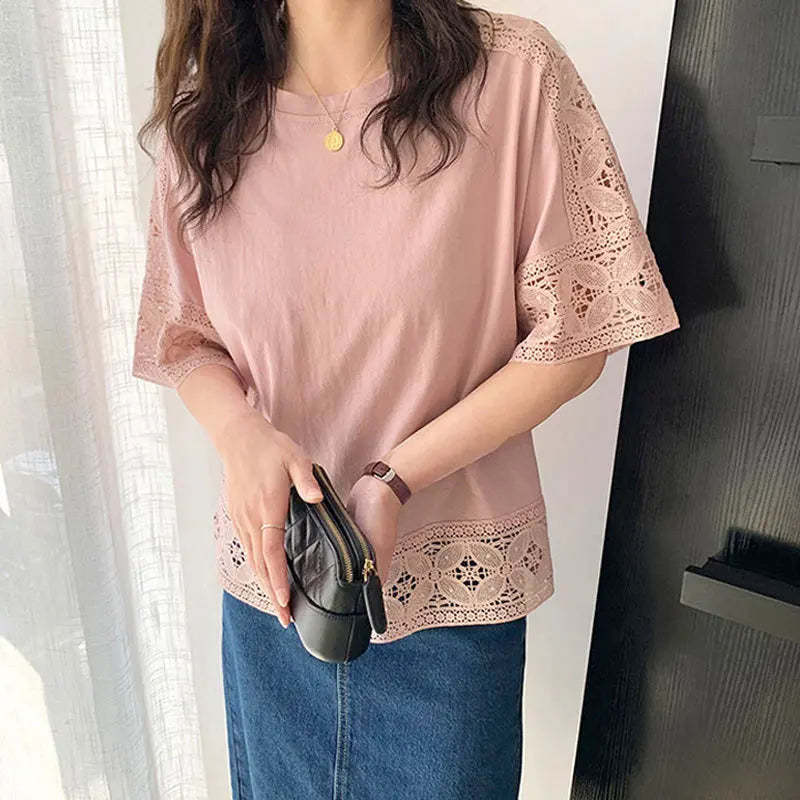 🍒Lace top women summer blouses short sleeve casual tees female tshirt solid color tunic oversized smart casual wear