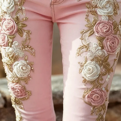 🍒Rose flower applique Jeans vintage trousers elegant romantic women's pink high waist pants slim chic floral pants