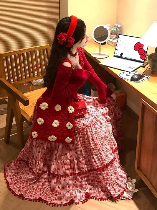 🍒Layered maxi skirt for women strawberry ball stretch high waisted fashion vintage clothing elegant loose long skirt female summer casual wear Get This Skirt And Put The Cream On Your Strawberry