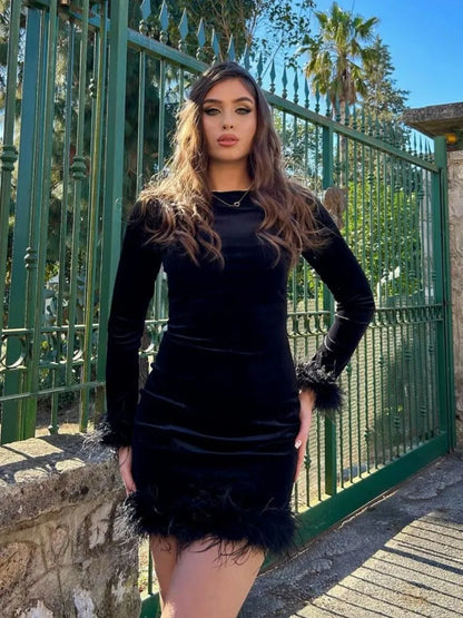 🍒Velvet dress with fur trim long sleeved slim fit party outfit short for women's fashion long sleeve occasion wear Delicious Red Velvet