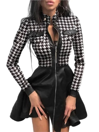 🍒Pu leather dress for women  lace mesh sleeve mixed media fashion party dress mini elegant stand neck collar a-line outfit Pretty Plaid Pu