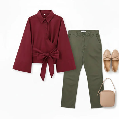 🍒Long sleeve shirt jacket spring summer women's tie top with wide sleeves female fashion clothing solid shirt smart casual Blouse  Cool Jewellies