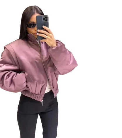 🍒Long sleeve bomber jacket women zipper with stand collar outerwear short casual coat solid chic female sateen clothing fashion   Get Into Mauve