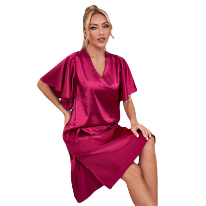 🍒Solid colour women's ice silk summer short sleeved satin night dress lounge wear for women shiny loungewear Stylely Smoothy Sleepy
