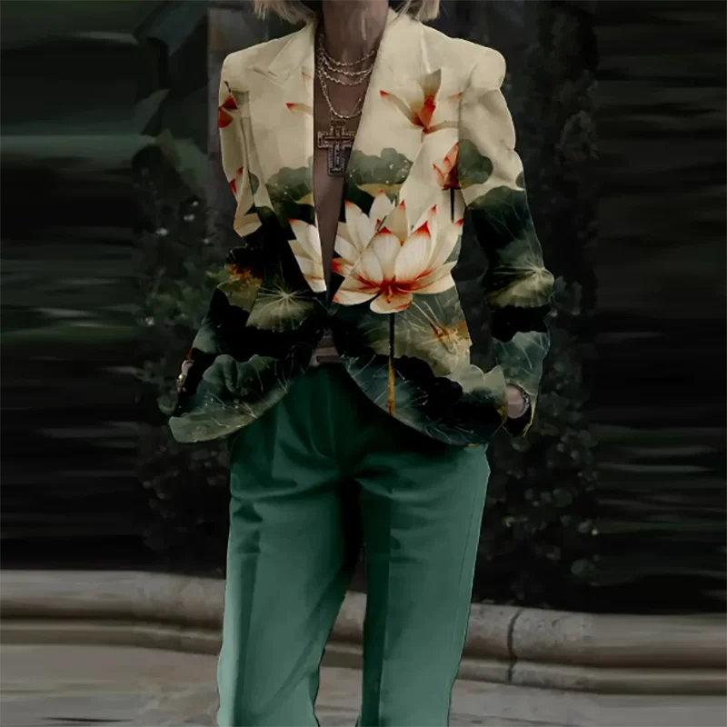 🍒Womens casual suits two piece loose pants set womens lapel long sleeve jacket and trouser set floral fashion pattern print outfit  Look Like Your On A Shoot In A Fruity Suit