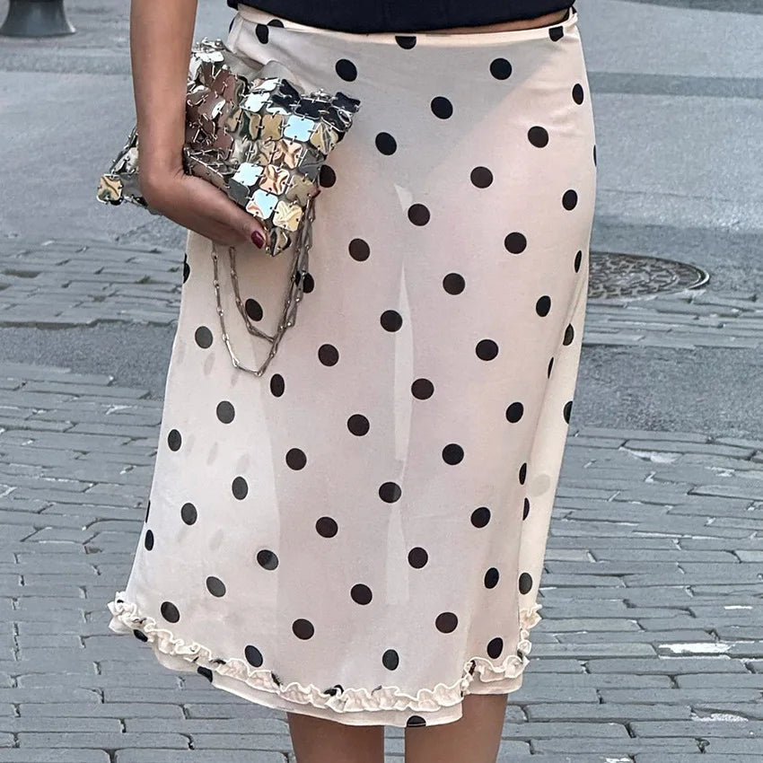 🍒Polka dot high waist skirt  womens chiffon lace skirt over knees fashion office lady elegant a-line summer wear No Polka -ing Fun At This Fun Polka