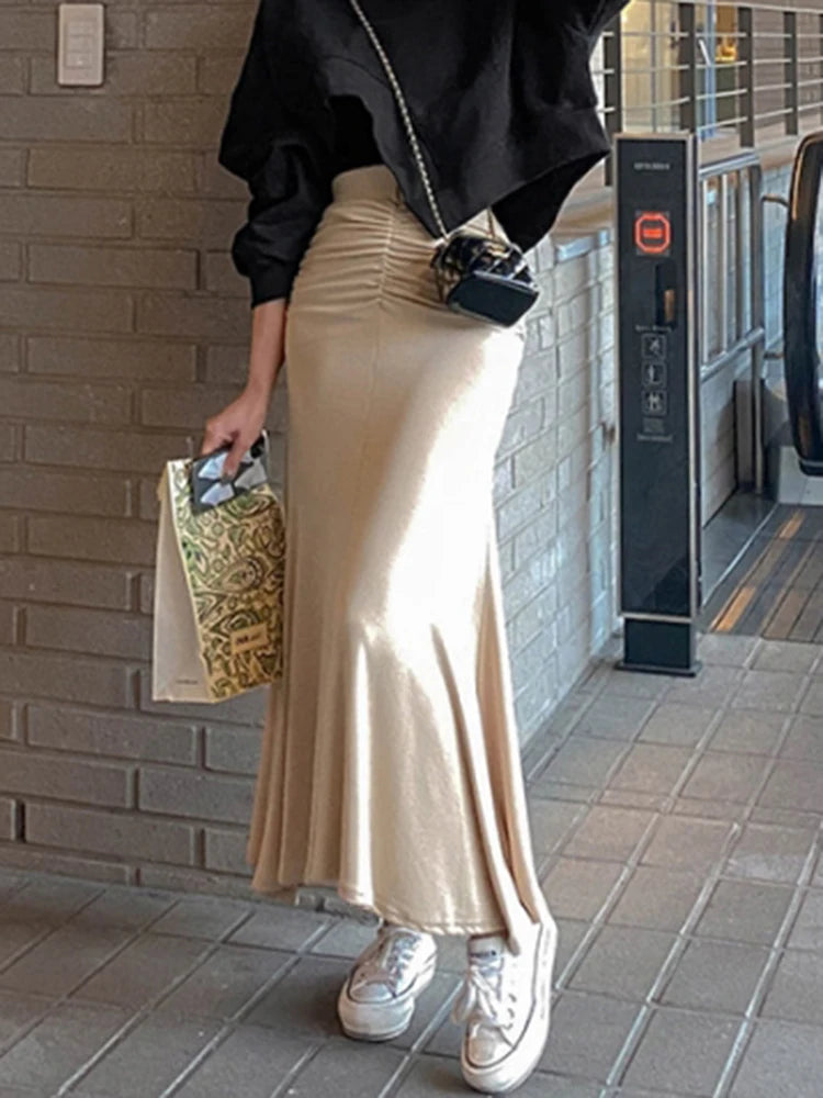 🍒Satin skirt for women high waist a- line elegant summer outfiit  occasion maxi fashion Feel Sure in Your Shirring