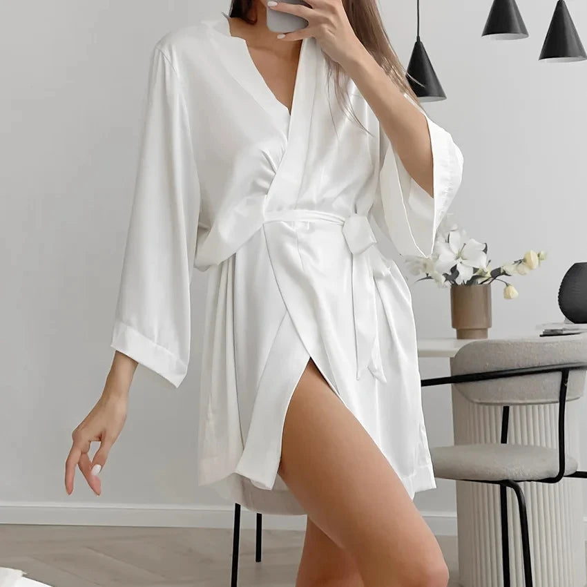 🍒Womens wrap gown white wedding bride robe morning gown for ladies 3/4 sleeve sleepwear loose nightwear female silk satin kimono robe lingerie Say Good NIGHT to old GOWNS