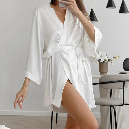 🍒Womens wrap gown white wedding bride robe morning gown for ladies 3/4 sleeve sleepwear loose nightwear female silk satin kimono robe lingerie Say Good NIGHT to old GOWNS