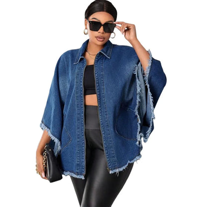 🍒Denim jacket women y2k pocket coat zipper poncho with turn down collar batwing sleeves  outerwear loose casual BAT For The DENIM team And WINg