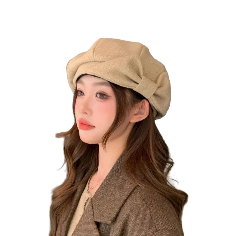 🍒Painter hat versatile octagonal hat niche warm fashionable head wear for women vintage designer beret bow detail soft fit smart casual accessorie for women Bop On A Bow And Bold The Cold