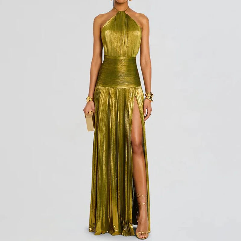 🍒Backless solid evening dress holiday party outfits halter elegant pleated maxi dress high street ladies fashion party occasion wear