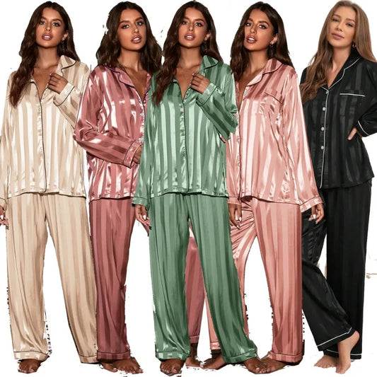 🍒Womens pyjama sets home wear pjs set two piece ice silk set long sleeved nightwear shirt and nightwear pants silky sleepwear Slip Into Slinky Silky Sleepers