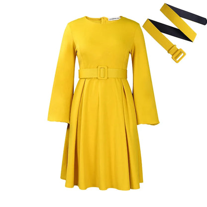 🍒Slim fit a-line dress plain colour womens long sleeve work dress with belt elegant outfits colourful smart casual clothes Pick A Fruit