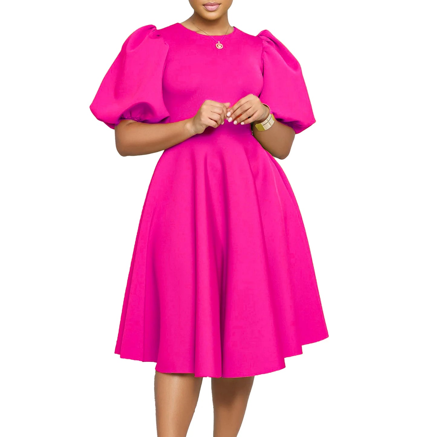 🍒Elegant dresses for woman o neck short sleeve outfit for birthday party high waisted pleated puff sleeves female fashion wear occasion wear evening party wear mid calf luxury B'day Bopper Beauty Babe