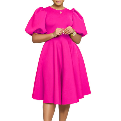 🍒Elegant dresses for woman o neck short sleeve outfit for birthday party high waisted pleated puff sleeves female fashion wear occasion wear evening party wear mid calf luxury B'day Bopper Beauty Babe