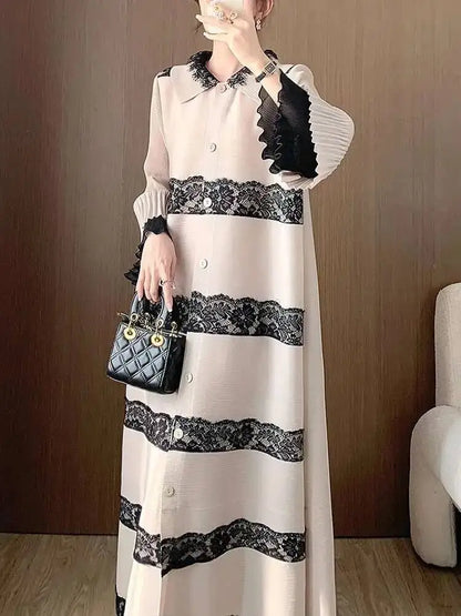 🍒Pleated lace dress with lapels flared sleeve single breasted outfit long elegant midaxi fashion wears smart casual clothing women partywear occasion wear