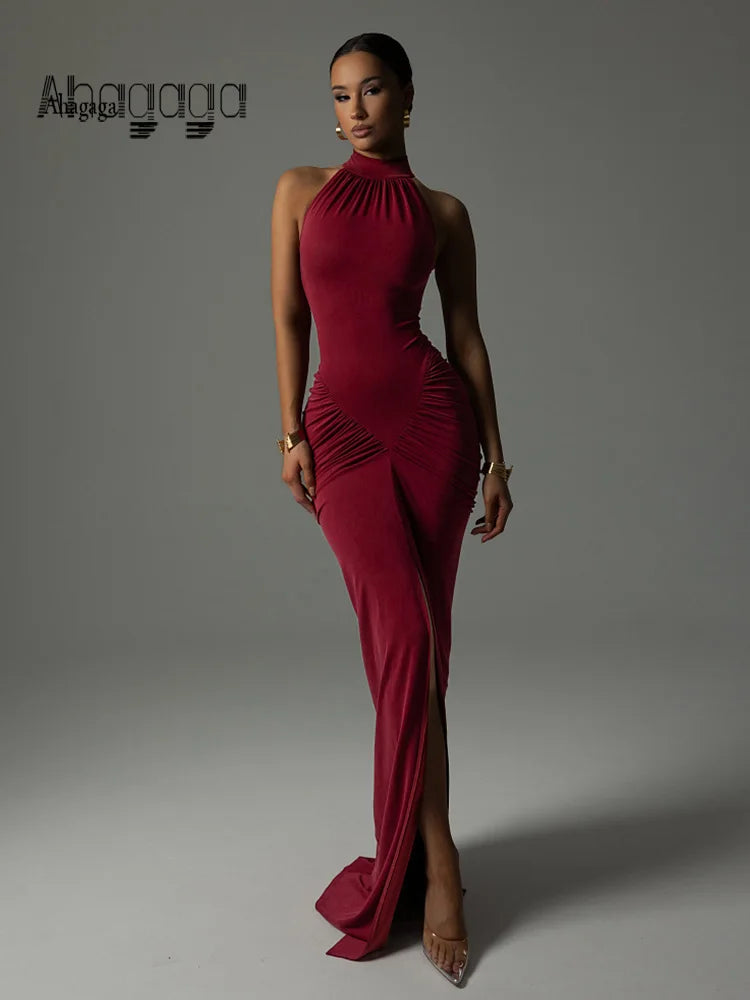 🍒Ahagaga Party Women's Maxi Dresses Sexy Solid Turtleneck Halter Sheath Folds Fashion Split Slim Fit Bodyson Sleeveless Vestidos