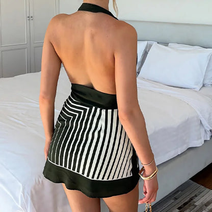 🍒Striped printed short dress tie waist outfit smart casual women halter summer dress elegant backless beach wear holiday clothing Halter Melter