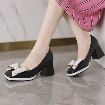 🍒Bow-tie heels women elegant shoes medium block heel pumps office wedding party shoes for occasions
