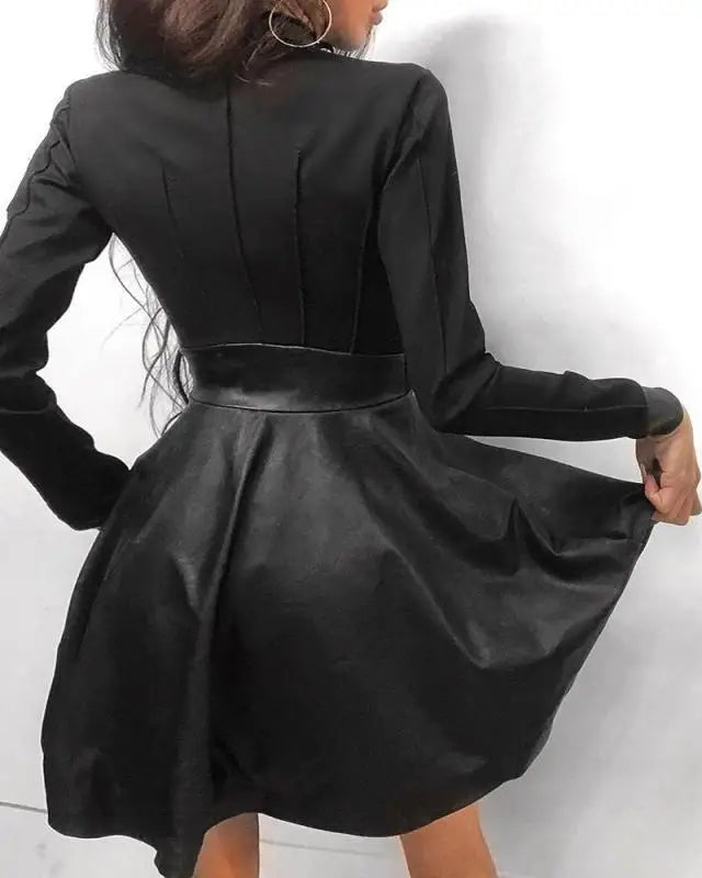 🍒Pu leather dress for women  lace mesh sleeve mixed media fashion party dress mini elegant stand neck collar a-line outfit Pretty Plaid Pu