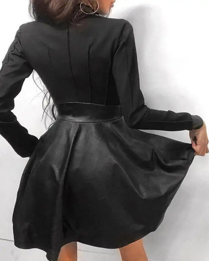 🍒Pu leather dress for women  lace mesh sleeve mixed media fashion party dress mini elegant stand neck collar a-line outfit Pretty Plaid Pu