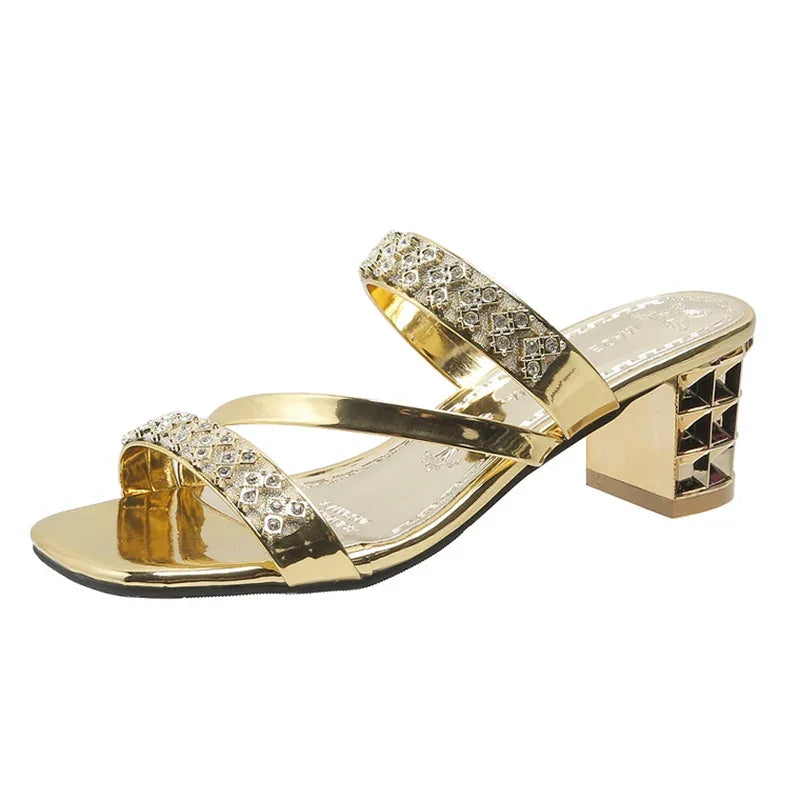 🍒Metalic sandals summer crystal high heels party shoes smart casual comfortable block heel sliders occasion footwear Crystal Cutes