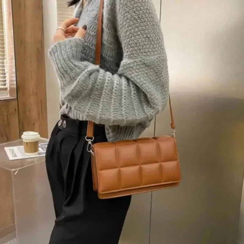 🍒Solid colour shoulder bag crossbody handbags female cushioned designer pu leather bags for smart casual accessory for women Chocolate Bag