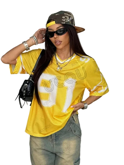 🍒Summer print t-shirt v-neck patchwork short sleeve sports top for women football Jersey y2k loose oversized tops  have a BALL with BASEic-ies