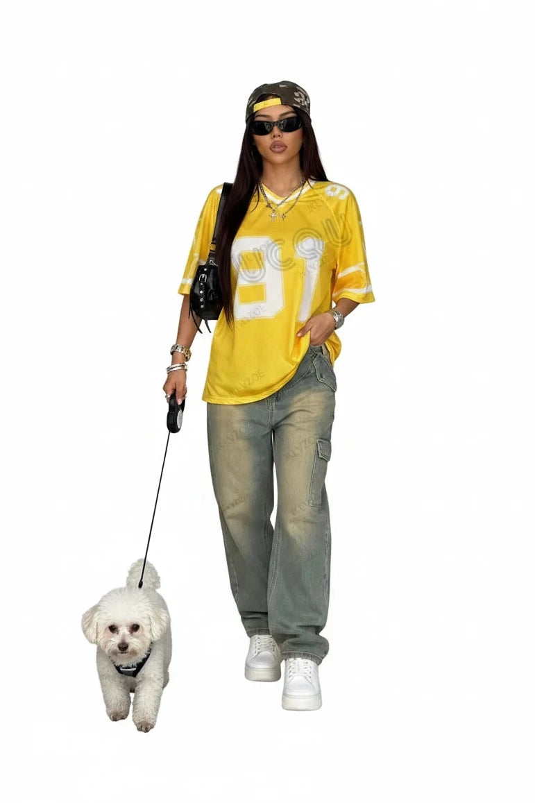 🍒Summer print t-shirt v-neck patchwork short sleeve sports top for women football Jersey y2k loose oversized tops  have a BALL with BASEic-ies