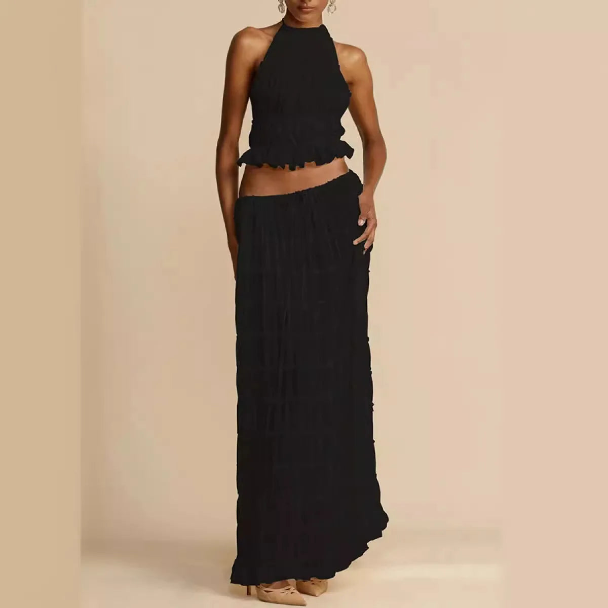 🍒Casual outfit long skirt maxi and sleeveless backless tops for women high waisted long straight skirt beach chic suit  Lovely Ruchie Rufflie