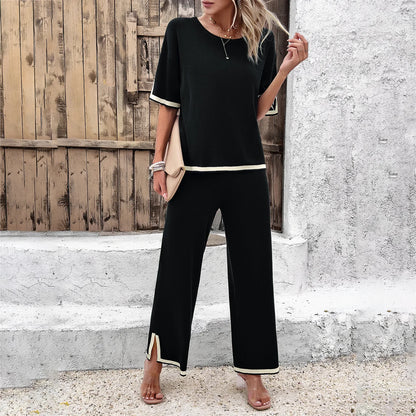 🍒Two piece women's clothing spring summer fashion knitted casual top short sleeve and wide-leg pants matching set Suit LINE Up For This EDGEy Set
