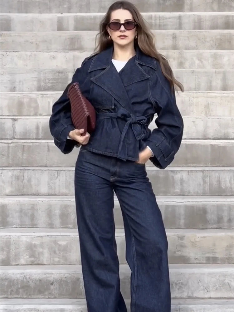 🍒Denim long pant set street Y2K fashion women lapel tie waist coat jacket plus straight leg jeans long sleeve Jacket and trousers jeans two piece suit ladies outfits smart casual clothes Dress Up In Denims