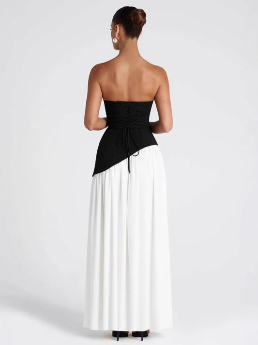 🍒Strapless high slit dress sleeveless design backless long summer dress black and white outfit women contrast evening wear party gowns Smashing Slash