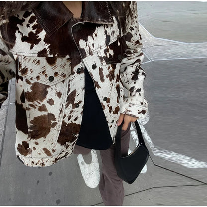 🍒Women's cow print Jacket with lapel collar short zipper coat for smart casual female outerwear  Warm    Milk (it) A Cow