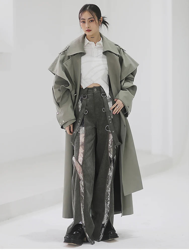 🍒Long oversized trench coat elegant ruffled outerwear for women double breasted luxury designer overcoat runway fashion  Trendy Travel Trench Classic Comfort
