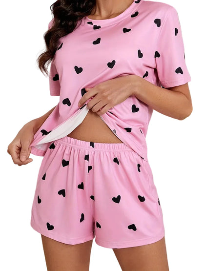 🍒Women's Love heart sleepwear set print knit fashion heart print top soft short sleeve top and shorts sleepwear set for comfortable home wear lounge wear  Light Hearted Fun