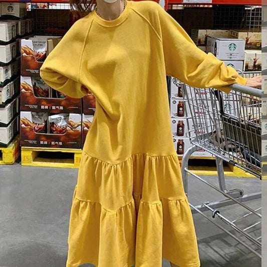 🍒Oversized dress solid color loose outfit long sleeve maxi fashion for women o-neck a-line outfits casual wear Feel Good Tiers Of Joy