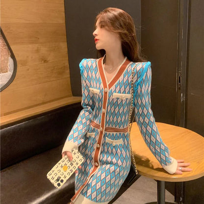 🍒Knitted dress for women v- neck autumn winter fashion french style clothing smart casual female outfit women diamond checkered clothing Playout Plaids