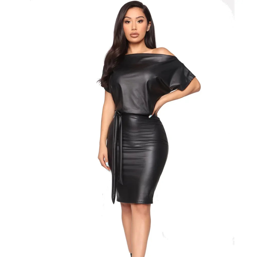 🍒Faux leather bodycon dress mini party slanted shoulder short sleeve pu outfit elegant clubbing wear occasion party wear clothing Liquorice Lovely