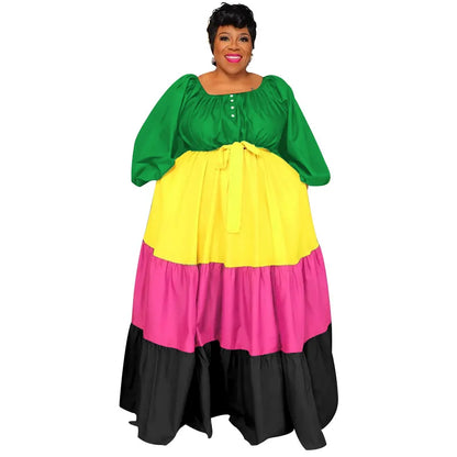 🍒Plus size womens dress colourful clothing puff sleeve maxi outfit long stleeve slash neck patchwork female casual wear Casual long dress Get Into Colour L-5XL
