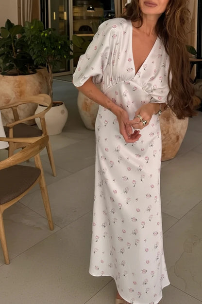 🍒White floral satin maxi dress for women casual or occasion wedding guest beach vacation outfit flower printed v-neck dress womens fashion slim fit waist short butterfly sleeve long summer wear with short sleeves high waist cute comfy casu-casion