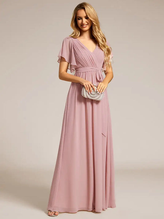 🍒Elegant evening dresses deep v- neck ruffles sleeves outfit floor-length gown wedding guest pretty chiffon dusty rose prom outfit Party In Pastels