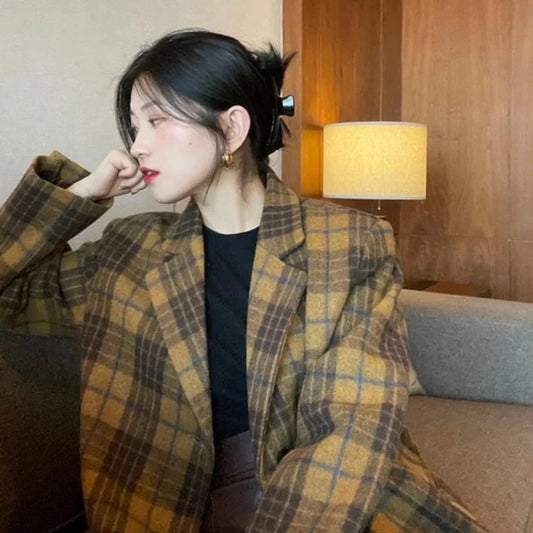 🍒🌸Womens brown blazer vintage wool plaid Jacket autumn winter british style trendy eye catching yellow check coat long sleeve female smart casual clothing Chunky Check Charm