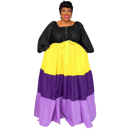 🍒Plus size womens dress colourful clothing puff sleeve maxi outfit long stleeve slash neck patchwork female casual wear Casual long dress Get Into Colour L-5XL
