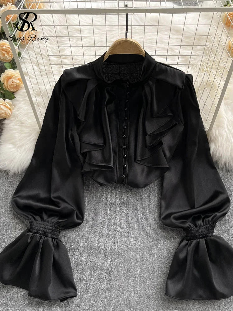 🍒High quality satin blouse loose puff sleeve shirt with flared sleeves ruffle shirt for party wear with beading top women’s feminine office wear Girly Pearl